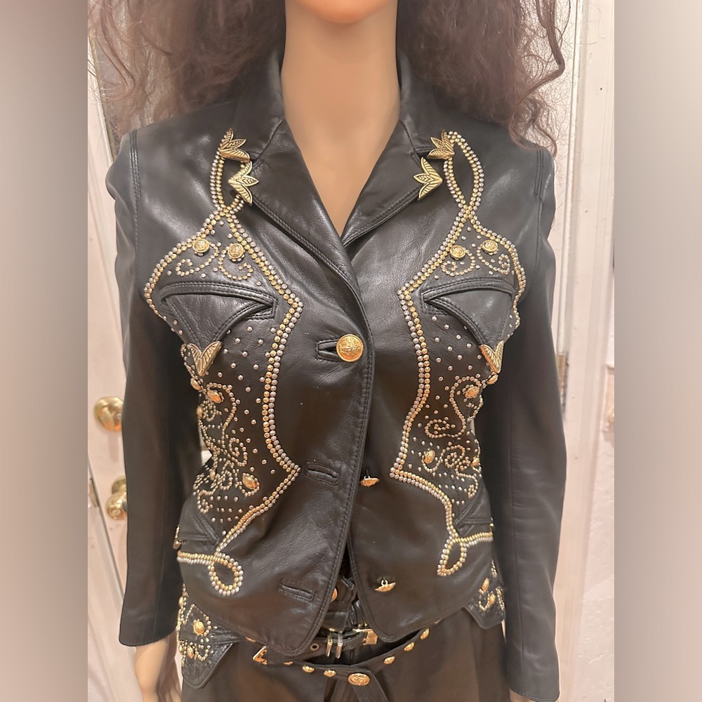 Genuine Versace vintage studded jacket and matching skort.  Black&Gold Size 8.